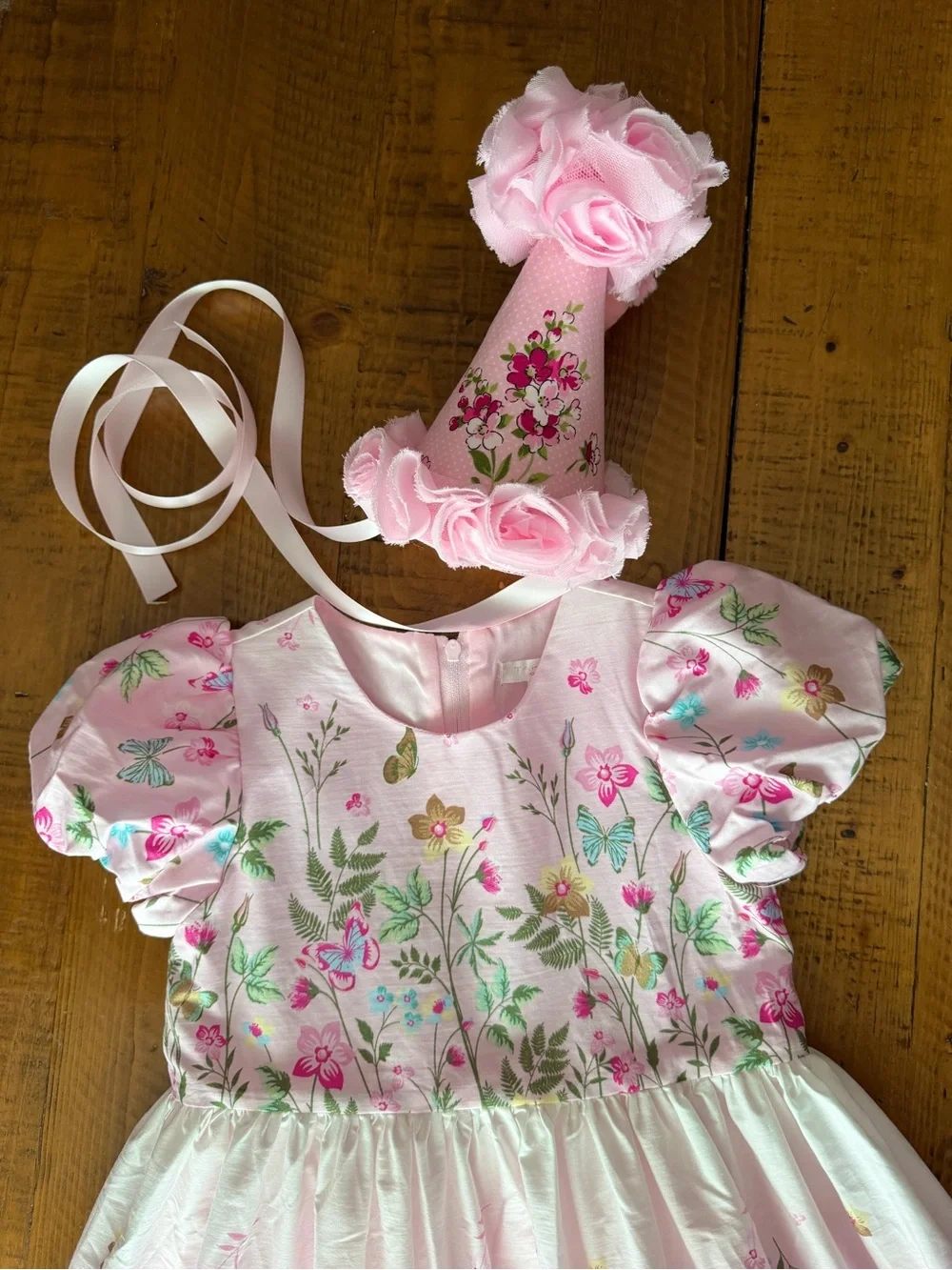 Floral/butterfly girls birthday dress and hat